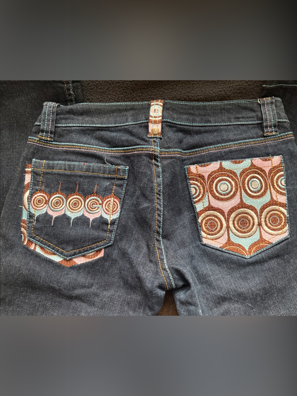 COOGI Dark Blue Denim Bootcut Jeans with Brown Patterned Pocket Trim - Picture 6 of 8
